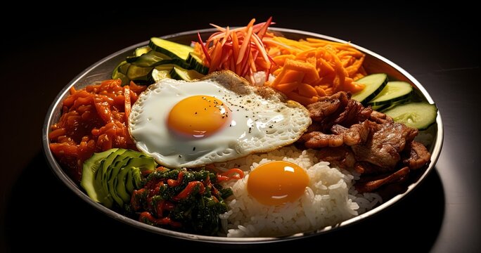  close up picture of bibimbap bowl with sunlight look delicious	, Generative Ai