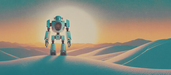 illustrazione di grande robot mecha solitario in piedi tra dune di sabbia in un deserto al tramonto - obrazy, fototapety, plakaty