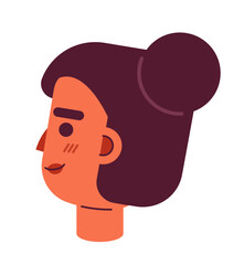 Indian girl with bun side view 2D vector avatar illustration. Top knot hair south asian woman cartoon character face. Topknot female portrait. Cheerful flat color user profile image isolated on white
