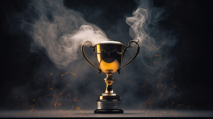 Trophy cup with smoke on dark background. Award concept. Copy space