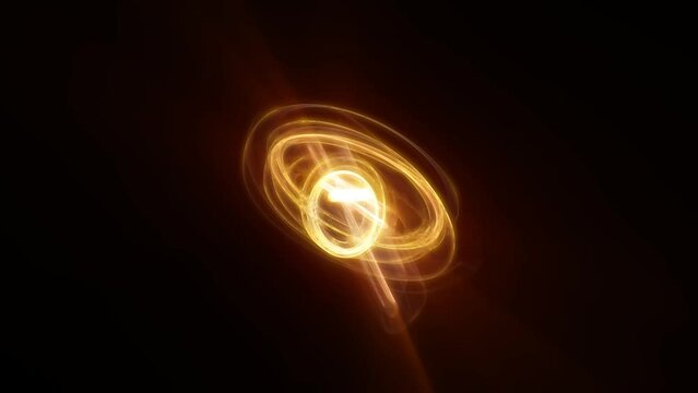 Abstract yellow rings spheres from energy magic waves of smoke circles and glowing lines on a black background