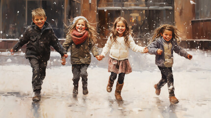 Winter season background people characters. Winter outdoor activities. People have fun.