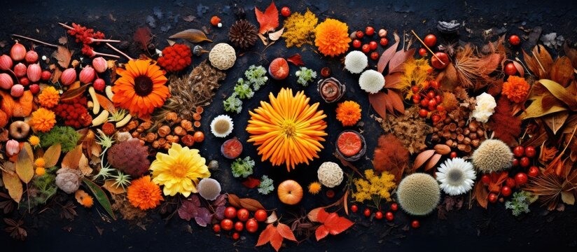 Autumn mandala of various plants arranged on grass seen from above With copyspace for text