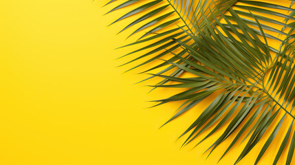 Tropical leaves on yellow background, flat lay. Space for text
