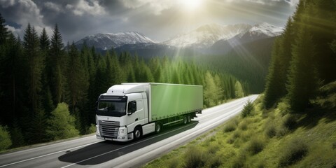 Eco-Friendly Journey: A White Truck Drives Through the Lush Green Hills and Forests, Symbolizing...