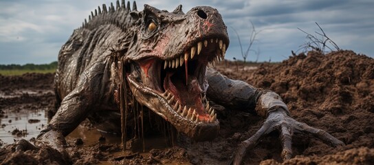 close up big sharp teeth dinosaur in muddy ground, Generative Ai