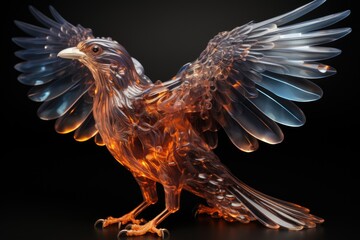 Obraz premium A glass sculpture of an eagle on a black surface, celestial outline.