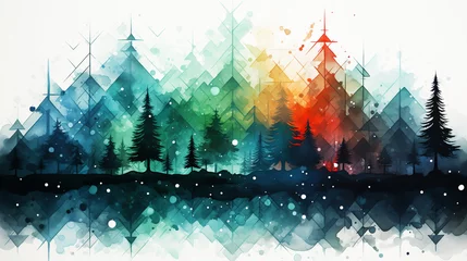 Fotobehang Watercolor Christmas tree illustration. Happy New Year card © alexkich
