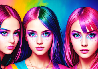Portrait of beautiful young women with bright makeup and colorful hair. Beauty, fashion.