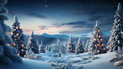 Winter background .Merry Christmas and happy New Year greeting card with copy-space. Christmas landscape fir trees