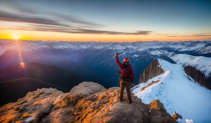 Hiker on the top of the mountain at sunrise. Beautiful winter landscape.