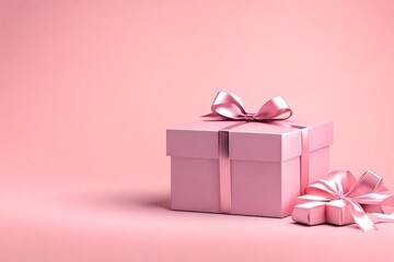 Minimal pink pastel color gift box or present box with pink ribbon bow isolated on light pink background