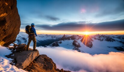 Hiker on the top of a mountain at sunrise. Beautiful winter landscape.