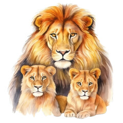 Fototapeta premium Lion and lioness family with cubs, watercolor. Isolated on transparent background