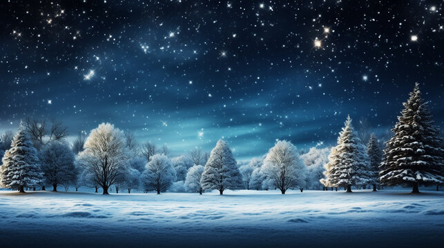Christmas tree decoration in winter forest with northern lights in the night sky