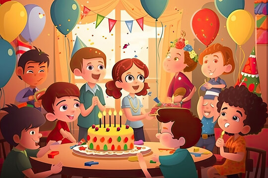Child birthday party with friends, playing with colorful balloons and having cake