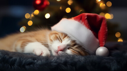 Fototapeta na wymiar A Christmas kitten in a Santa Claus hat sleeps on a gray blanket under a Christmas tree with blurred holiday decor. Adorable little red kitten. Cozy home. A pet cat. Close up. Generative AI.