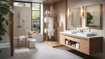 Fototapeta na wymiar a bathroom with a large window and a sink and a toilet. generative ai