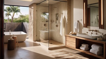  a large bathroom with a walk in shower next to a bathtub.  generative ai