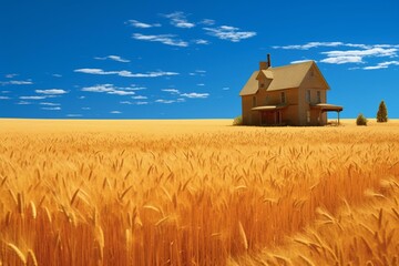 A house in a wheat field under a clear blue sky. Generative AI