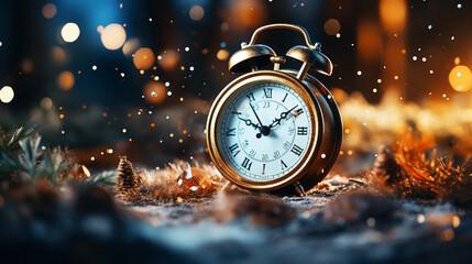 Old Black vintage alarm clock on wooden table on blur background of Christmas tree. New Year Theme - obrazy, fototapety, plakaty