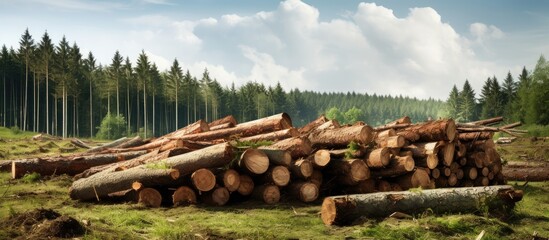 Freshly felled trees in the woods With copyspace for text