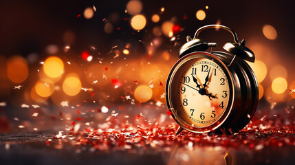 Obraz na płótnie Canvas Old Black vintage alarm clock on wooden table on blur background of Christmas tree. New Year Theme