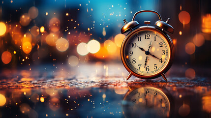 Old Black vintage alarm clock on wooden table on blur background of Christmas tree. New Year Theme - Powered by Adobe