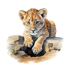 Obraz premium Baby lion, digging a hole. Watercolor illustration, isolated on white transparent background