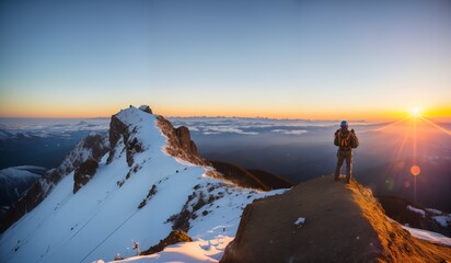 Fototapeta na wymiar Hiker on the top of the mountain at sunrise. Beautiful winter landscape