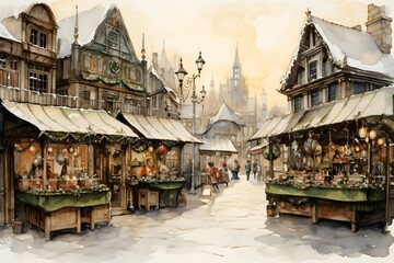 Obraz premium A festive Victorian market on Christmas Eve. Watercolor and ink illustration