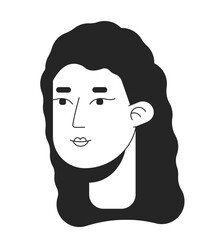 Frizzy hair woman caucasian black and white 2D line cartoon character head. Lady with hairstyle curls isolated vector outline person face. Elegant brunette monochromatic flat spot illustration