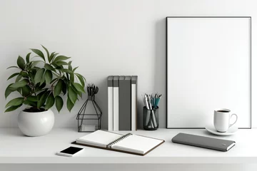 Fotobehang White wall, desk, and extras. Bright, neutral product mockup. Generative AI © Sona
