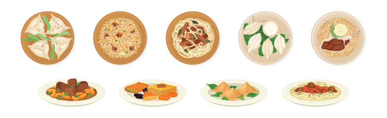 Uzbek Cuisine Traditional Dishes and Food Vector Set
