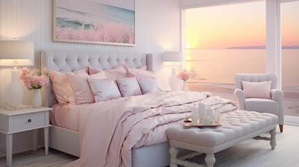  a bedroom with a large window overlooking the water and a bed with pink sheets.  generative ai