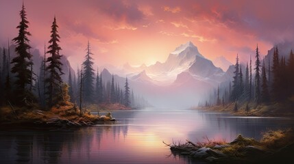 Fototapeta premium a painting of a mountain lake with a sunset in the background. generative ai
