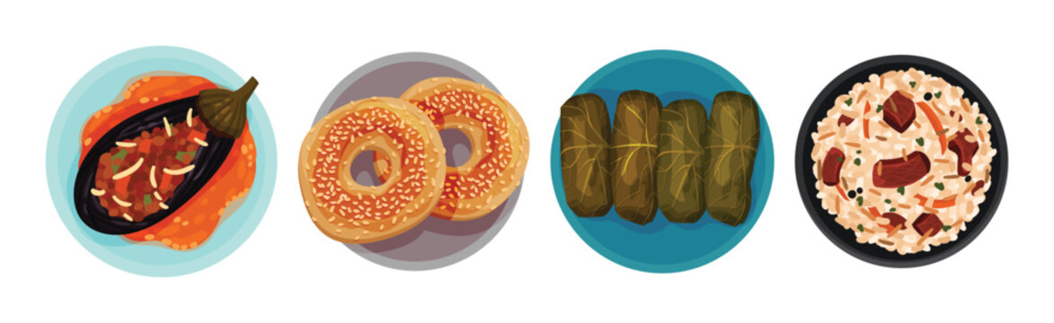 Turkish National Food and Dish Above View Vector Set