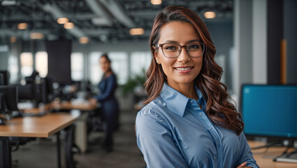 Portrait of a business woman in glasses against the background of the office