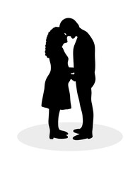 The image of a pregnant couple. Husband and wife holding hands. Couple in love. Black silhouettes and white background.