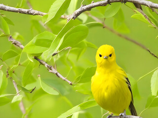 Yellow Bird Perching on Green Leaf in Nature