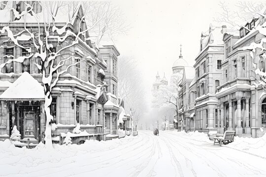 A pen and ink illustration of a snowy town square. Detailed architectural illustration