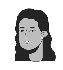 Black woman long straight hair black and white 2D line cartoon character head. Gorgeous african american lady wavy hairstyle isolated vector outline person face. Monochromatic flat spot illustration