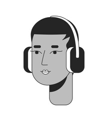 Black short haired woman wears headphones black and white 2D line cartoon character head. African american girl dj isolated vector outline person face. Melomaniac monochromatic flat spot illustration