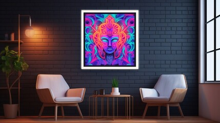 A 3D wall frame mockup with a neon outline, showcasing a vibrant artwork, all captured with the sharpness of an HD camera