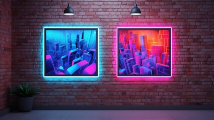 A 3D wall frame mockup with a neon outline, showcasing a vibrant artwork, all captured with the sharpness of an HD camera