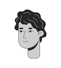 Curly hair hispanic young man black and white 2D line cartoon character head. Spanish guy wavy hairstyle isolated vector outline person face. Latin american boy monochromatic flat spot illustration