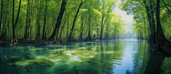 Emerald pool is a hidden pool in the mangrove forest at Krabi Thailand With copyspace for text - obrazy, fototapety, plakaty