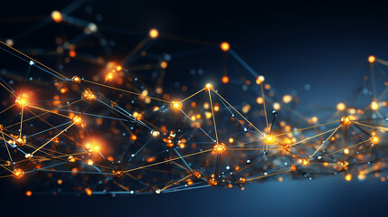 Obraz premium Abstract futuristic molecule structure gold color dark background. Computer network connection digital technology illustration concept.