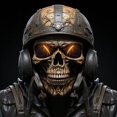 Biker skull with lightning eyes, motorcycle biker skeleton skull head, leather jacket suit, airplane oxygen mask, thunderous, electric, generative AI, JPG