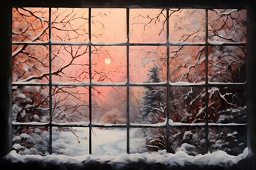 The view from the window is of a snowy forest. Illustration of winter nature during sunset. Peach Fuzz. Color of the year 2024